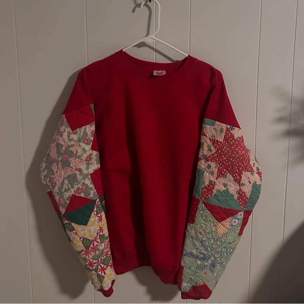 Red Handmade Patchwork Sleeve Sweatshirt